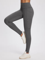 Women's dark grey 25" knit fleece leggings with high rise and zippered side pocket.