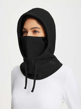 Unisex adjustable black fleece ski hat with integrated face mask and drawcord for warmth. #color_Black