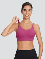 Pink Y-back low strength sports bra and black leggings for yoga #color_Hot Pink