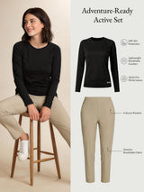 Black UPF 50+ sun shirt & tan high-rise 4-pocket pants, Adventure-Ready Active Set.