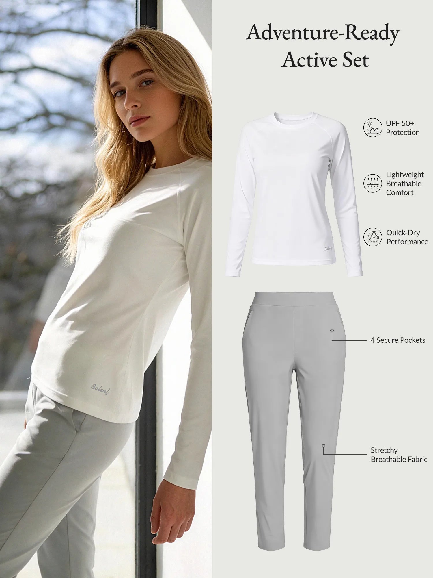 Baleaf white UPF 50+ breathable active set, grey 4-pocket pants.