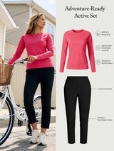 Baleaf Adventure-Ready Active Set: pink UPF 50+ sun shirt & black 4-pocket pants.