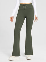 Olive green high-waist fleece-lined drawstring flare pants #color_Army Green