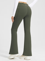 High-waist olive green fleece-lined flare pants with pockets & V-back seams. #color_Army Green