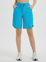 Women's blue 9" cycling shorts with drawstring waist and pockets. Stretchy, quick-dry fabric. #color_Aqua Blue