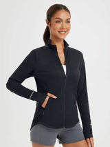 Women's black UPF 50+ full zip jacket, breathable, with thumbholes & reflective trim. #color_Black