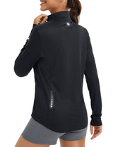 Black women's sun protection full zip jacket with reflective details and thumbholes.