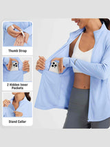 Women's light blue UV protection zip jacket: thumb holes, hidden pockets, stand collar.