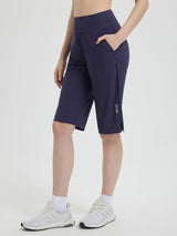 Casual 14" cycling capris in navy blue with pockets. #color_Navy Blue