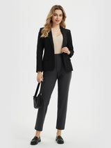 Women's 27" dark grey golf pants styled with blazer, beige top, and handbag for versatile wear. #color_Black