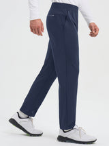 Men's navy fleece golf pants with elastic waist and straight legs. #color_Navy Blue