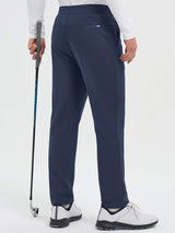Navy blue men's elastic-waist fleece golf pants with straight legs and zipper pocket. #color_Navy Blue