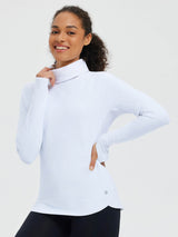 White fleece base layer top for skiing with convertible face mask hood #color_White