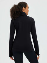 Black ski fleece base layer with convertible protective hood, back view