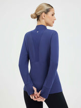 Blue skiing fleece pullover base layer with thumbholes and mesh back. #color_Navy Blue