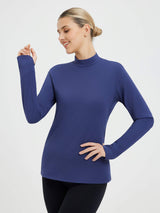 Women's blue skiing fleece pullover base layer with mock neck and thumbholes. #color_Navy Blue