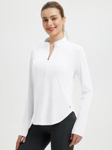 White rounded hem UPF 50+ athletic tee with quarter zip, paired with black leggings. #color_White