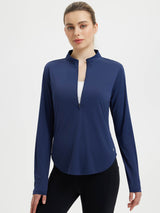 UPF 50+ navy blue activewear long sleeve zip top for women, Adventure-Ready Set. #color_Estate Blue
