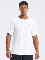 Men's white short sleeve crew neck t-shirt with subtle gray logo on chest. #color_White