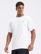 Men's white short sleeve crew neck outdoor t-shirt with subtle chest logo for athletic wear #color_White