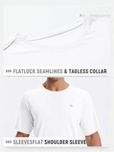 Men's white short sleeve crew neck t-shirt: flatlock seams, tagless collar, flat shoulder sleeves. #color_White