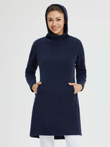 Women's navy blue outdoor fleece hooded dress with drawstring pocket. #color_Navy Blue