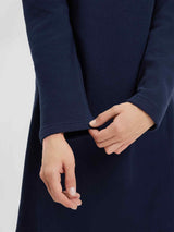 Women's navy hooded polar fleece dress: close-up of cuff and kangaroo pocket.