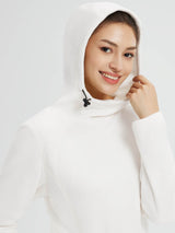 Women's white hooded fleece sweatshirt dress with drawstring. #color_White