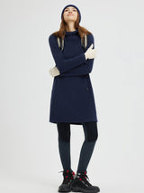 Women's navy knit fleece hooded dress outfit for outdoor activities.