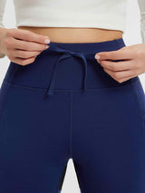 Navy blue knit fleece outdoor pants, high waist drawstring & pocket. #color_Dark Blue/Black