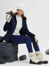 Navy blue slim-fit knit fleece pants with black side panels #color_Dark Blue/Black