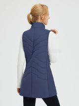 Women's navy blue woven mid-length hiking vest with quilting.