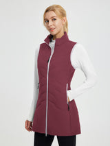 Women's maroon mid-length woven hiking vest, quilted with zipper pockets, for outdoor wear.