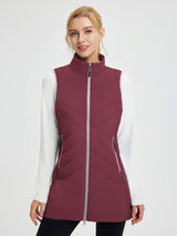 Women's burgundy quilted mid-length outdoor hiking vest with zipper pockets. #color_Wine Red