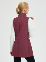 Women's outdoor mid-length quilted burgundy hiking vest, back view. #color_Wine Red