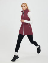 Women's maroon mid-length puffer hiking vest with zipper and quilted stitching. #color_Wine Red