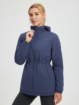 Women's navy blue cinch waist puffer jacket with hood and side pockets #color_Navy Blue