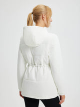 Women's white polyester cinch waist puffer jacket with hood, back view. #color_Star White