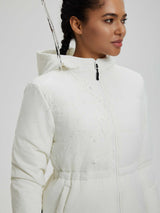 Women's white cinch waist puffer jacket demonstrating water-repellent fabric. #color_Star White