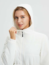 White women's puffer jacket with hood, zipper, and cinch waist detail