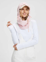 Woman wearing pink unisex skiing waterproof fleece hat with hood and face mask. #color_Light Pink