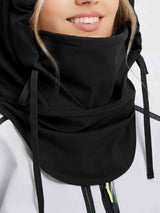 Black unisex knitted fleece ski hat with neck warmer and drawstrings. #color_Black