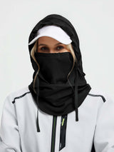Black unisex waterproof fleece ski hat with hood & face covering for winter sports.