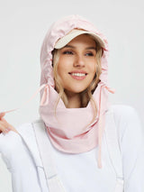 Pink fleece ski hat with hood and drawstrings for unisex winter sports. #color_Light Pink
