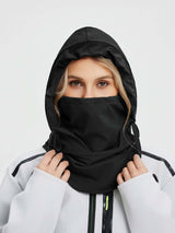 Unisex black waterproof fleece ski hat with integrated face cover and hood #color_Black