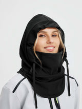 Unisex black waterproof fleece outer ski hat with neck warmer. #color_Black