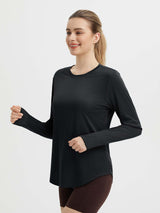 Black women's long sleeve running shirt with thumbholes, lightweight fabric. #color_Black