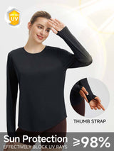 Black women's long sleeve running shirt with UPF 50+ sun protection & thumbholes. #color_Black