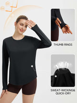Women's black long sleeve running shirt with thumbholes, quick-dry fabric, and sun protection. #color_Black