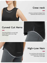 Women's black sleeveless athletic tank with crew neck, curved hem, and reflective detail. #color_Black